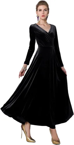 Vista 2 de Urban CoCo - Vestido largo y elástico de terciopelo, con cuello en V, para mujer