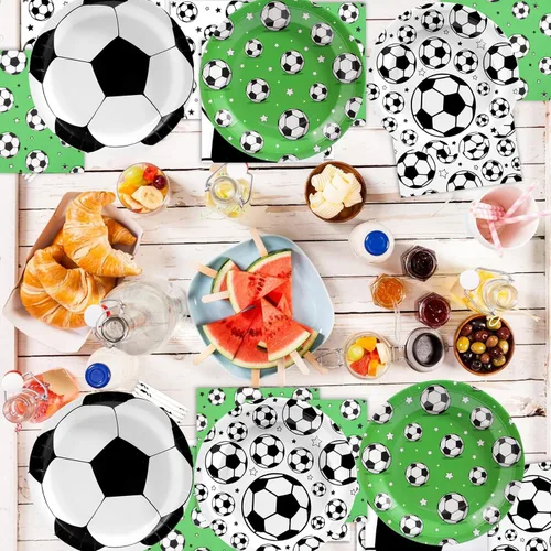 Vista 4 de 120 piezas de decoración de fiesta de fútbol, suministros de fiesta de cumpleaños de fútbol, juego de vajilla desechable con estampado de fútbol