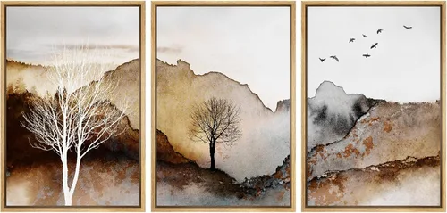 Vista 14 de NWT Lienzo enmarcado para pared, juego de arte en acuarela pastel, bosque de montaña oscura, naturaleza silvestre, ilustraciones de arte moderno