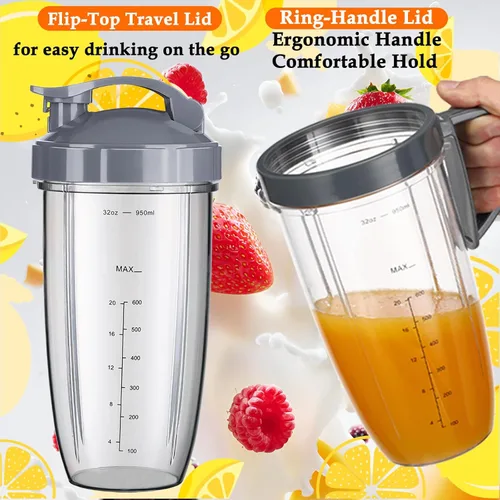 Vista 3 de NutriBullet - Juego de 8 tazas y cuchillas de repuesto NutriBullet de 32 onzas con 1 tapa abatible para llevar y 1 mango de anillo para licuadora