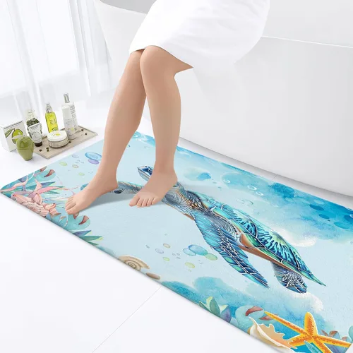 Vista 7 de Alfombra de baño de tortugas marinas, alfombra de baño antideslizante con concha marina subacuática, accesorios de baño, tapete de ducha de animales