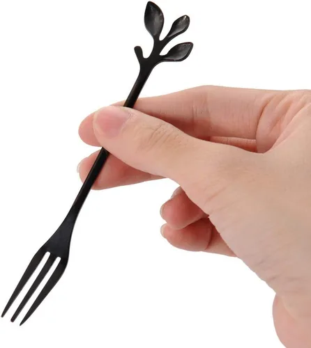 Vista 4 de AnSaw Juego de 10 mini cucharas y tenedores negros de 4.7 pulgadas, acero inoxidable, mango de hoja, ideal para café, té, aperitivos, degustaciones