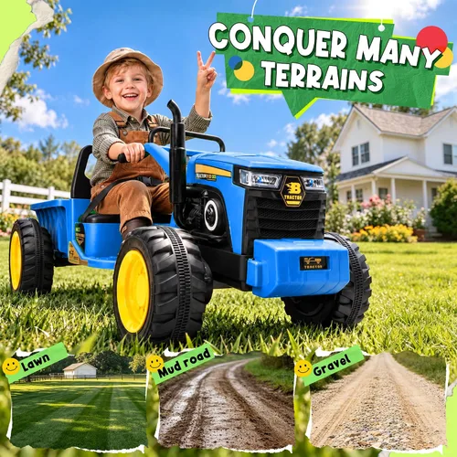 Vista 4 de Tractor de paseo para niños de 24 V con caja de carga grande para Azul