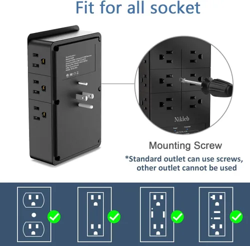 Vista 4 de Cargador de pared con protector de sobretensiones, regleta de alimentación con 12 tomas de corriente alterna anchas, bloques de carga USB de 4