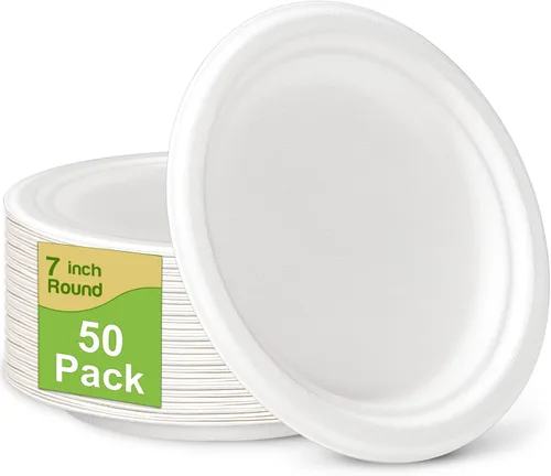 Vista 8 de Platos de papel pequeños, 7 pulgadas, paquete de 50 desechables, compostables, ecológicos, resistentes para comidas diarias, naturales