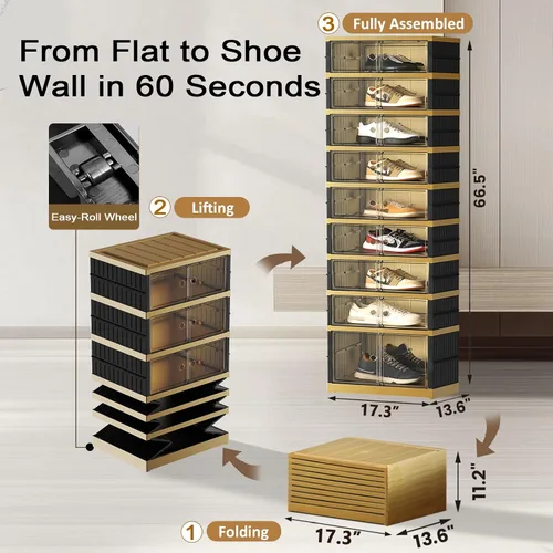 Vista 3 de SYNCVIBE Zapatero portátil organizador de 9 niveles 18 pares, armario plegable de zapatos, cajas plegables de almacenamiento de zapatos con puertas
