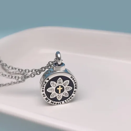 Vista 3 de Collar de urna de cremación de flor de loto para cenizas, cruz redonda, colgante conmemorativo, medallón de recuerdo grabado, una pieza de mi