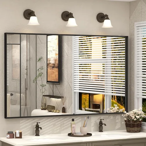 Vista 70 de Paquete de 2 espejos de baño con marco de metal negro de 22 x 30 pulgadas, espejo rectangular redondeado negro mate, antioxidante, se cuelga