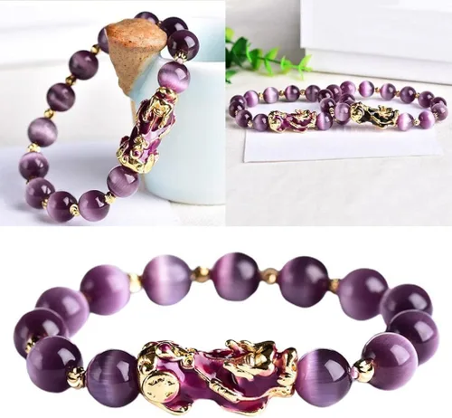 Vista 4 de Pulsera de amuleto chino de Feng Shui, pulsera de buena suerte con cuentas, amuleto de riqueza Pi Yao, joyería de buena suerte y riqueza, morado