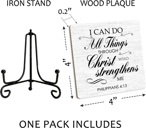 Vista 2 de Letrero cristiano con soporte de hierro, con texto en inglés "I Can Do All Things Through Christ", regalos de religión, versículo bíblico, regalos