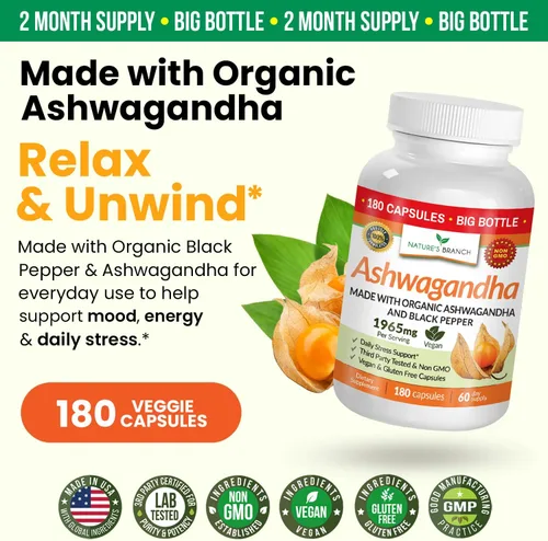 Vista 5 de Ashwagandha orgánica certificada por UDAF con pimienta negra, 1965 mg - Extra fuerte para el estrés, el sueño, el estado de ánimo, la tiroides