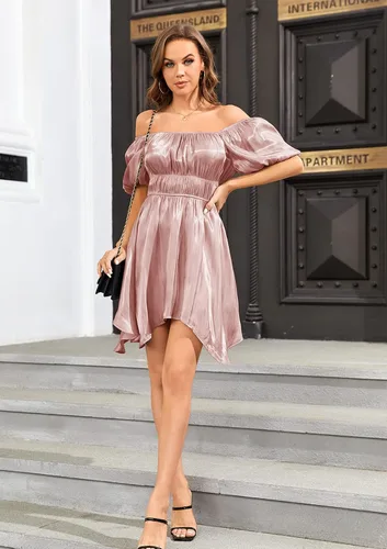 Vista 5 de Bigyonger Vestidos de verano para mujer, manga abombada, cuello cuadrado, hombros descubiertos, fluidos, escalonados, estilo bohemio, casual, mini