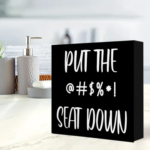 Vista 5 de LVQHI Letrero de madera divertido con texto en inglés «Put The Seat Down Negro