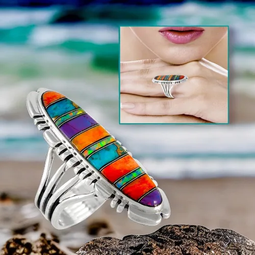 Vista 5 de Anillo de piedras preciosas de coral turquesa en plata de ley 925