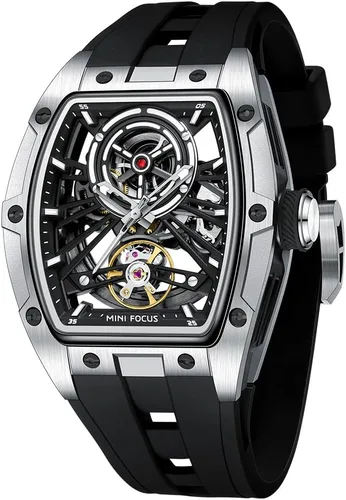 Vista 10 de AIMES Men's Tonneau Skeleton Automatic Mechanical Watch, Silicone Strap, 5ATM Water Resistance Silicone Strap Men's Wristwatch Ideal Gift for Men