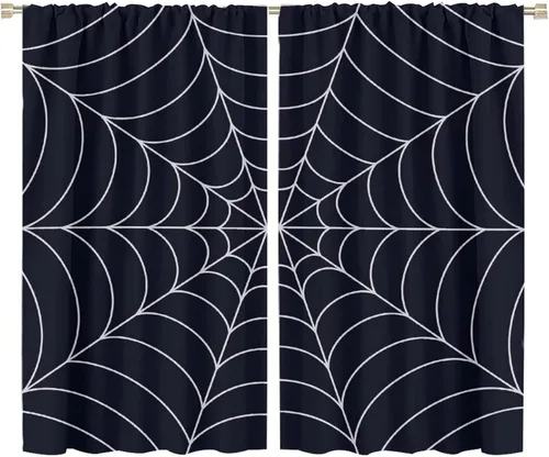 Vista 104 de Cortinas opacas de tela de araña aterradora para niños, tela de araña en blanco y negro, fondo rojo, dormitorio de niños, guardería, decoración