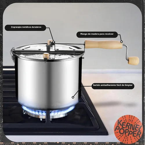 Vista 2 de Great Northern Popcorn 6251 olla original de acero inoxidable para palomitas de maíz, Twister, Plateado Stainless-Steel Popcorn Popper with Hand