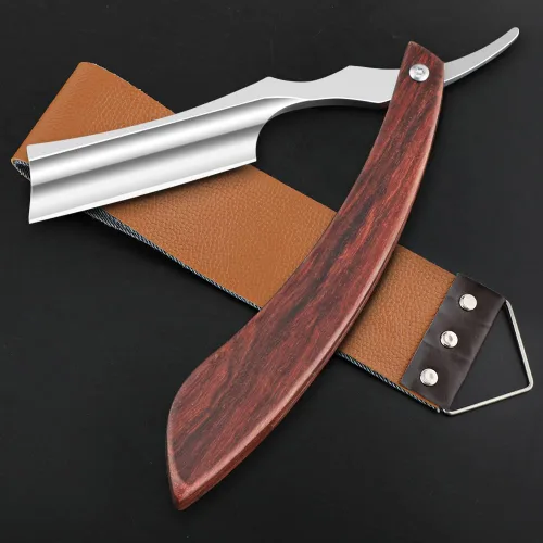 Vista 13 de Navaja de afeitar recta con estropajo - Afeitadora profesional de borde recto de acero inoxidable premium para barbero con estropajo para aseo
