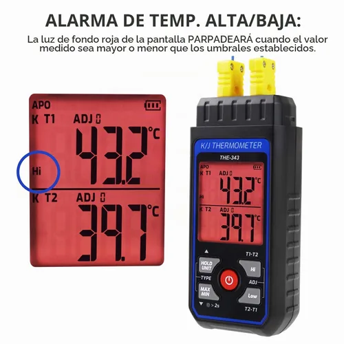 Vista 4 de Termómetro de Termopar Termómetro Digital Tipo K con 4 Termocuplas, Rango de Medición -328~2500℉ Medidor de Temperatura HVAC de Doble Canal