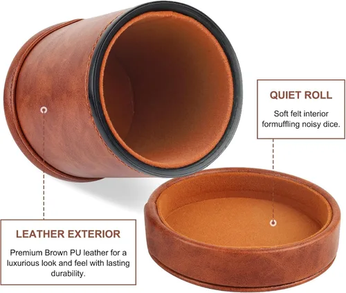 Vista 4 de Taza de dados de piel sintética marrón con tapa, taza de terciopelo interior silenciosa con 6 dados para juegos de dados mentirosos, Farkle/Yahtzee