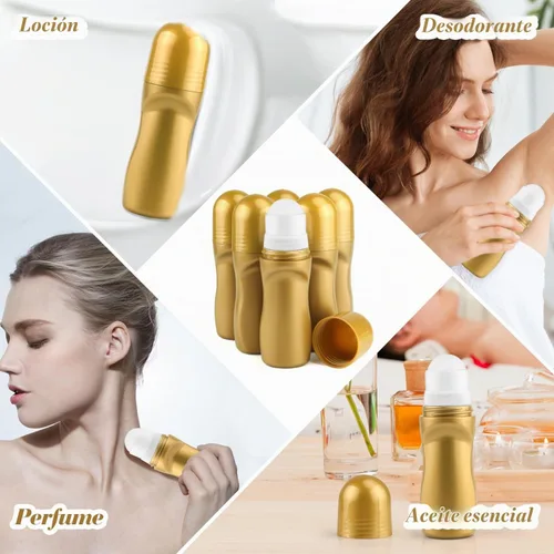 Vista 4 de 6 botellas de desodorante de plástico dorado de 1.7 fl oz/1.7 onzas, contenedor de cosméticos enrollables recargables para desodorante, perfume