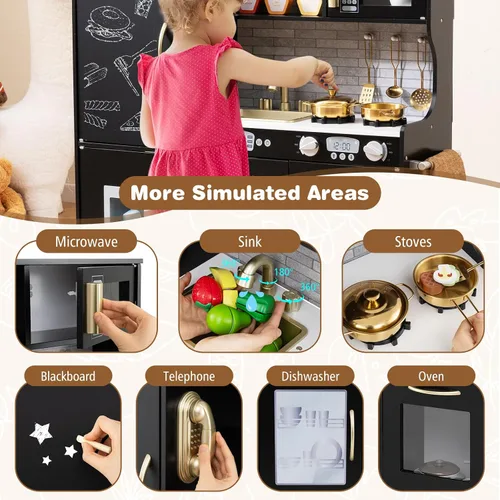 Vista 3 de Costzon Juego de cocina para niños, juego de juguetes de cocina de madera con sonido real, pizarra grande, teléfono, microondas, máquina de hielo
