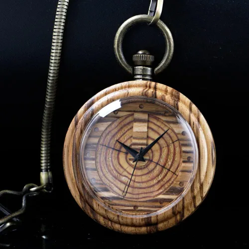 Vista 3 de Tiong Relojes de bolsillo de madera para hombre, hecho a mano, de madera de bambú, analógico, de cuarzo, con cadena, regalo para el día del padre