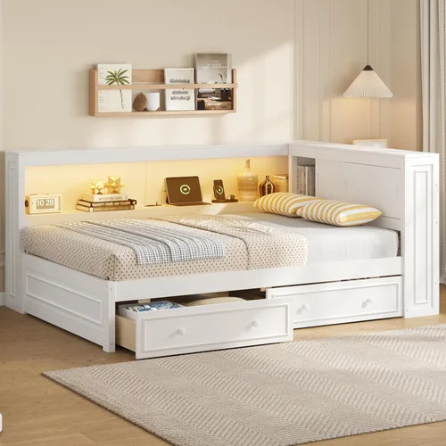 Vista 13 de SOFTSEA Sofá cama esquinera de tamaño matrimonial con nido y estantería, sofá cama en forma de L con luces LED y puertos USB, marco de cama Antique