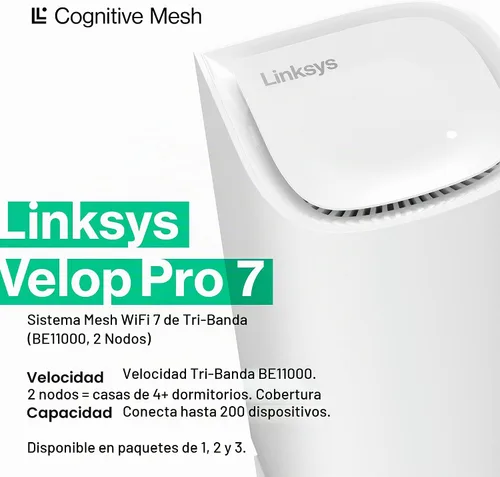 Vista 2 de Linksys Sistema Velop Pro 7 WiFi Mesh Dos enrutadores cognitivos de triple banda de malla con velocidades de más de 10 Gbps Cobertura para todo