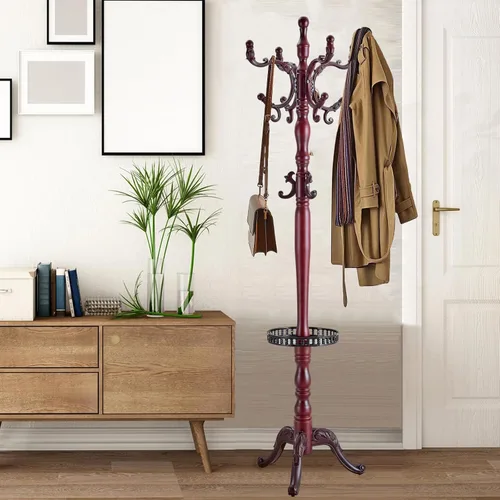 Vista 11 de Percheros independientes con 14 ganchos, soportes de madera natural para entrada, altura ajustable de 73 pulgadas, perchero de árbol para pasillo