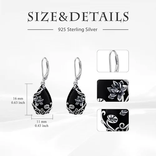 Vista 6 de Aretes colgantes de margaritahibiscolotorosapeoníagirasol, plata de ley 925, lágrima, ónix negro, aretes colgantes de flores vintage, regalos
