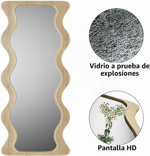 Vista 9 de Espejo ondulado de cuerpo completo de 65 x 24 pulgadas, espejo de pared irregular con marco de madera, para colgar o apoyar contra la pared