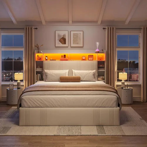 Vista 4 de EnHomee Base de cama de tamaño matrimonial con 4 cajones de almacenamiento y cabecero tapizado, marco de cama matrimonial con LED, estación de carga