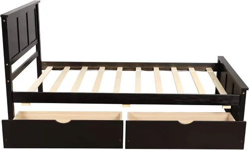 Vista 4 de P PURLOVE Marco de cama de tamaño individual con dos cajones debajo, marco de cama de plataforma doble de madera con cabecera con soporte de Espresso