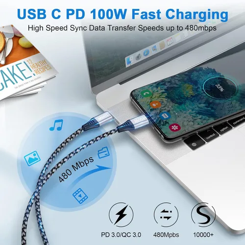 Vista 4 de Cable Pixel de 100 W tipo C a tipo C para Google Pixel 10, 10a, 9, 8, 7, 6 pies, PD 5A, cable USB C a USB C, cable trenzado de nailon tipo C