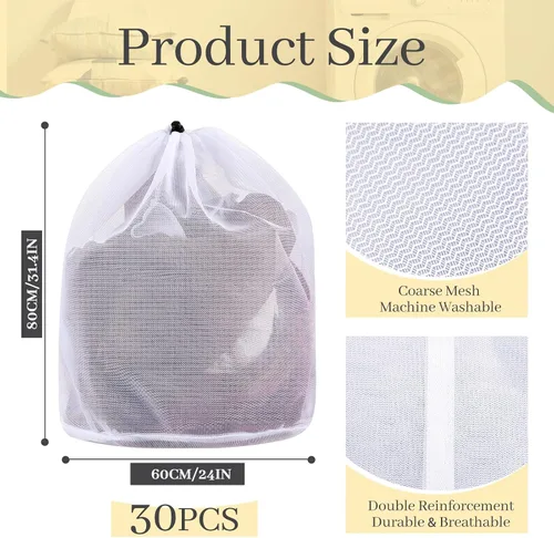 Vista 2 de 24 bolsas de lavandería de malla fina de 24 x 32 pulgadas con cordón, bolsa de malla grande y resistente, lavable a máquina, red con cordón