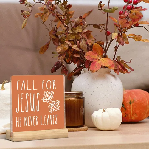 Vista 4 de Decoración rústica de otoño con texto en inglés "Fall for Jesus He Never Leeds", decoración rústica de otoño de Jesús para la oficina en casa