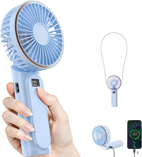 Vista 14 de TUNISE Ventilador de Mano Portátil Recargable, Ventilador Portátil de 4000mAh, Ajustable 180°, 6 Velocidades de Viento, Pantalla de Electricidad