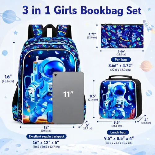 Vista 4 de gxtvo Mochila para niños de 3 piezas, 16 pulgadas con lonchera, resistente al agua, para preescolar, Astronauta Cohete Azul, Tamaño único, Impresión