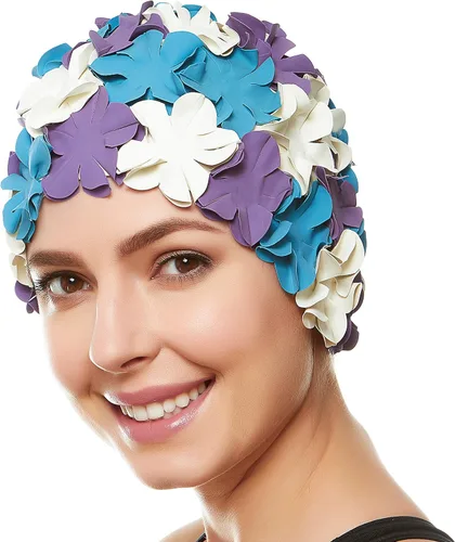 Vista 8 de Gorro de baño floral de pétalo para damas BEEMO, gorra de natación retro para mujeres, pelo largo/corto