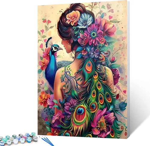 Vista 12 de Pintura por números para adultos, tatuajes de mujeres, pintura por números sobre lienzo, fácil de pintar para principiantes, tatuajes de flores