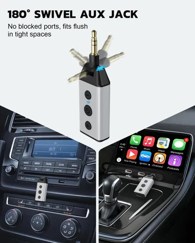 Vista 3 de 1Mii B04 Bluetooth 5.4 Adaptador de coche, receptor de audio AUX giratorio de 180°, llamada clara manos libres, 16H+ de larga espera