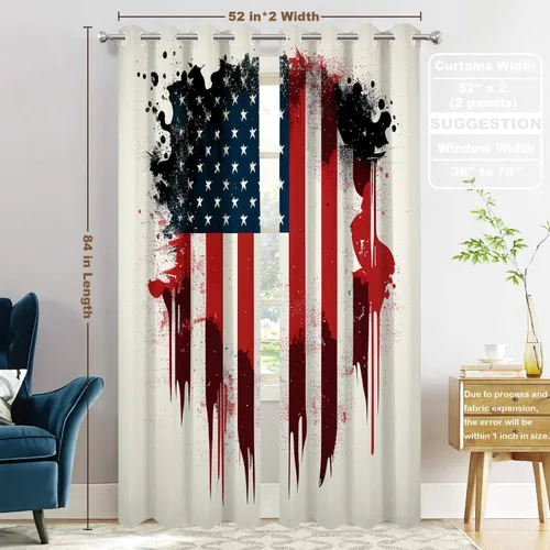 Vista 287 de Batmerry American Flag Ink Dot Blackout Tier Curtains, Red Blue White Stars Abstract Thermal Insulated Half Curtain Rod Pocket Small Valance for