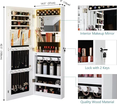 Vista 4 de Ylued Armario de joyería con espejo LED, organizador de joyas montado en la paredpuerta con espejo de longitud completa, espejo con cerradura