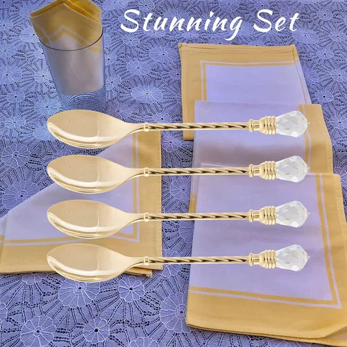 Vista 6 de Matashi Cuchara de postre chapada en oro de 24 quilates (juego de 4) – Regalo del día de San Valentín para ella – Vajilla elegante para cena