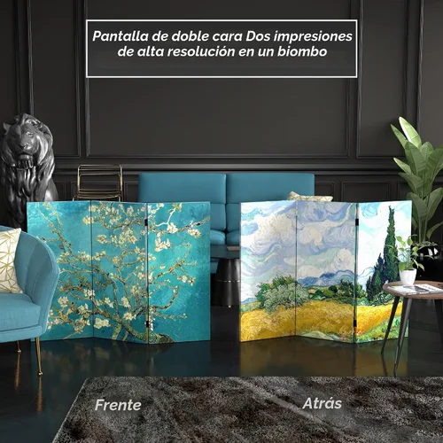 Vista 2 de Red Lantern Pantalla plegable de lona de Van Gogh de doble cara, flores de almendra/campo de trigo, 3 pies de corto - 3 paneles