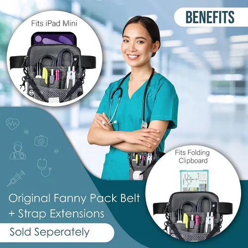 Vista 4 de First Lifesaver Riñonera convertible 4 en 1 con múltiples compartimentos y soporte de cinta para enfermeras, estudiantes de enfermería, Gris, L