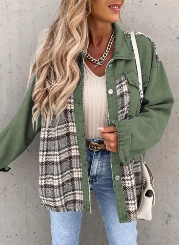 Vista 4 de SHEWIN Chaqueta vaquera de manga larga para mujer, a cuadros, con botones, para otoño 2023