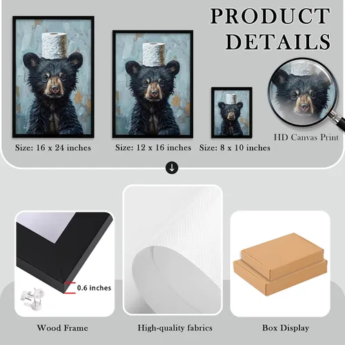 Vista 7 de Arte de pared de lienzo enmarcado para baño con oso negro tierno, decoración divertida para baño con animales, adorable oso con papel higiénico