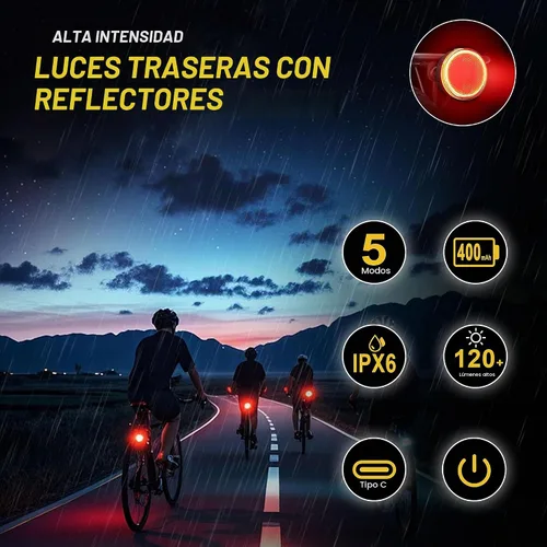 Vista 4 de Luz trasera de bicicleta recargable USB tipo C, ultra brillante IPX6, impermeable, linterna de seguridad para ciclismo, 5 modos de luz, accesorios